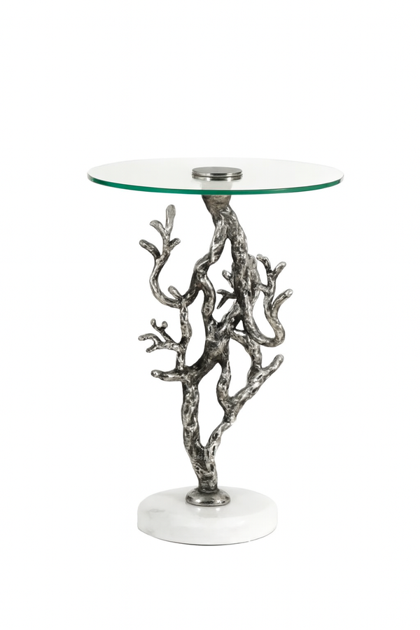Antique Silver Twig Design Metal Accent Table with Glass Top