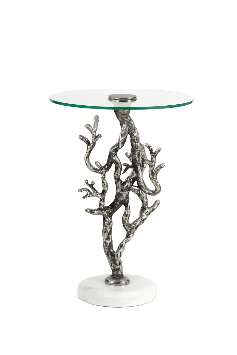 Antique Silver Twig Design Metal Accent Table with Glass Top
