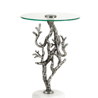 Antique Silver Twig Design Metal Accent Table with Glass Top