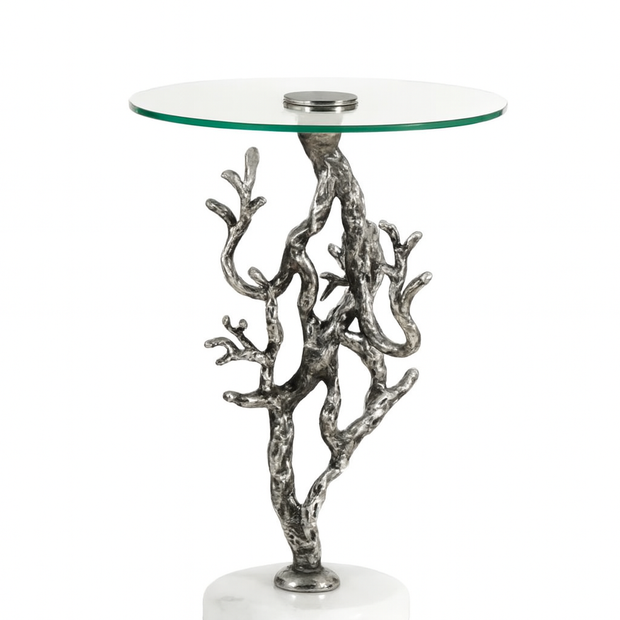 Antique Silver Twig Design Metal Accent Table with Glass Top