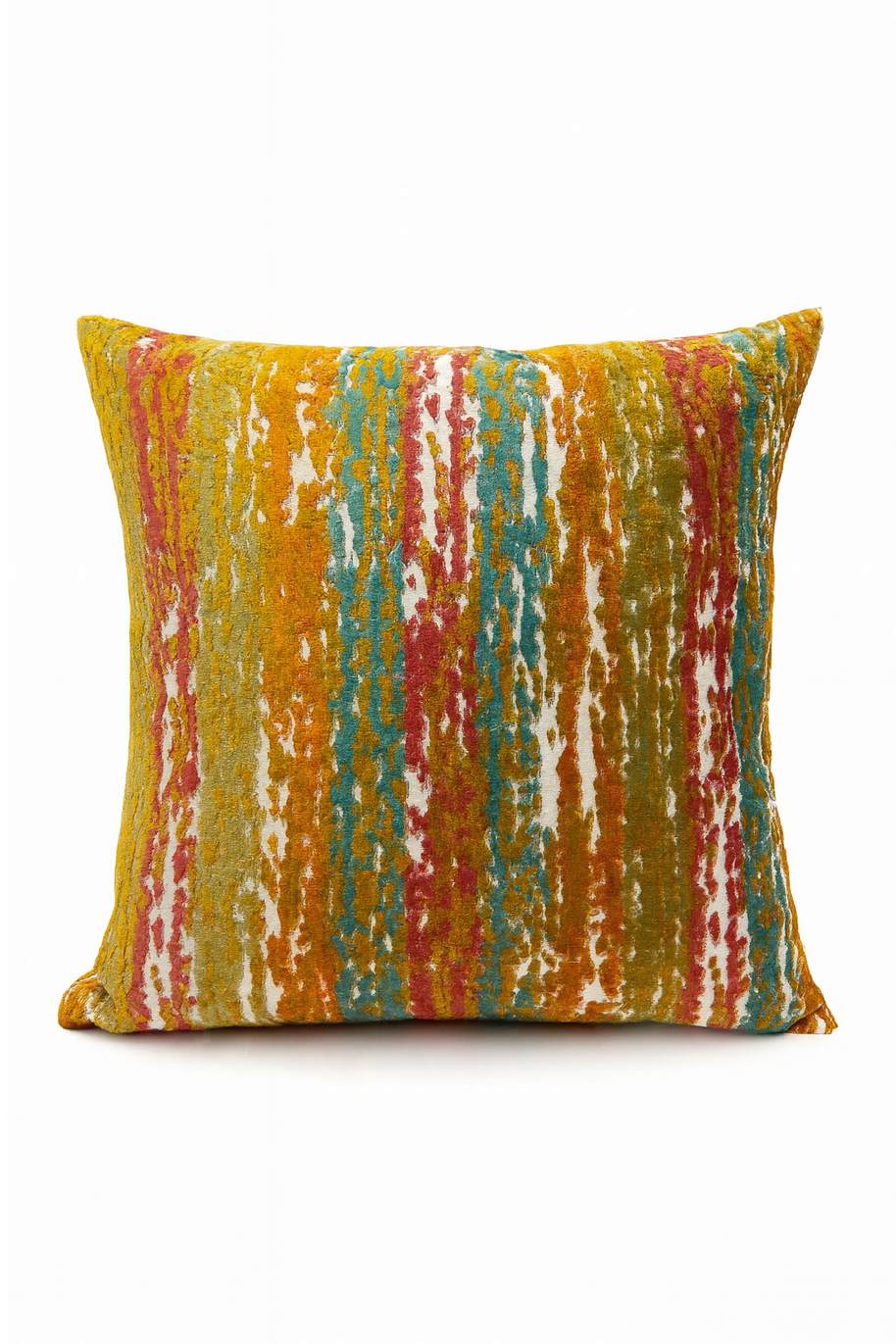 Multicolored striped pillow on a white background