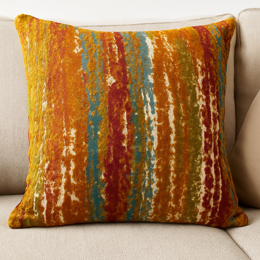 Colorful striped pillow on a beige couch