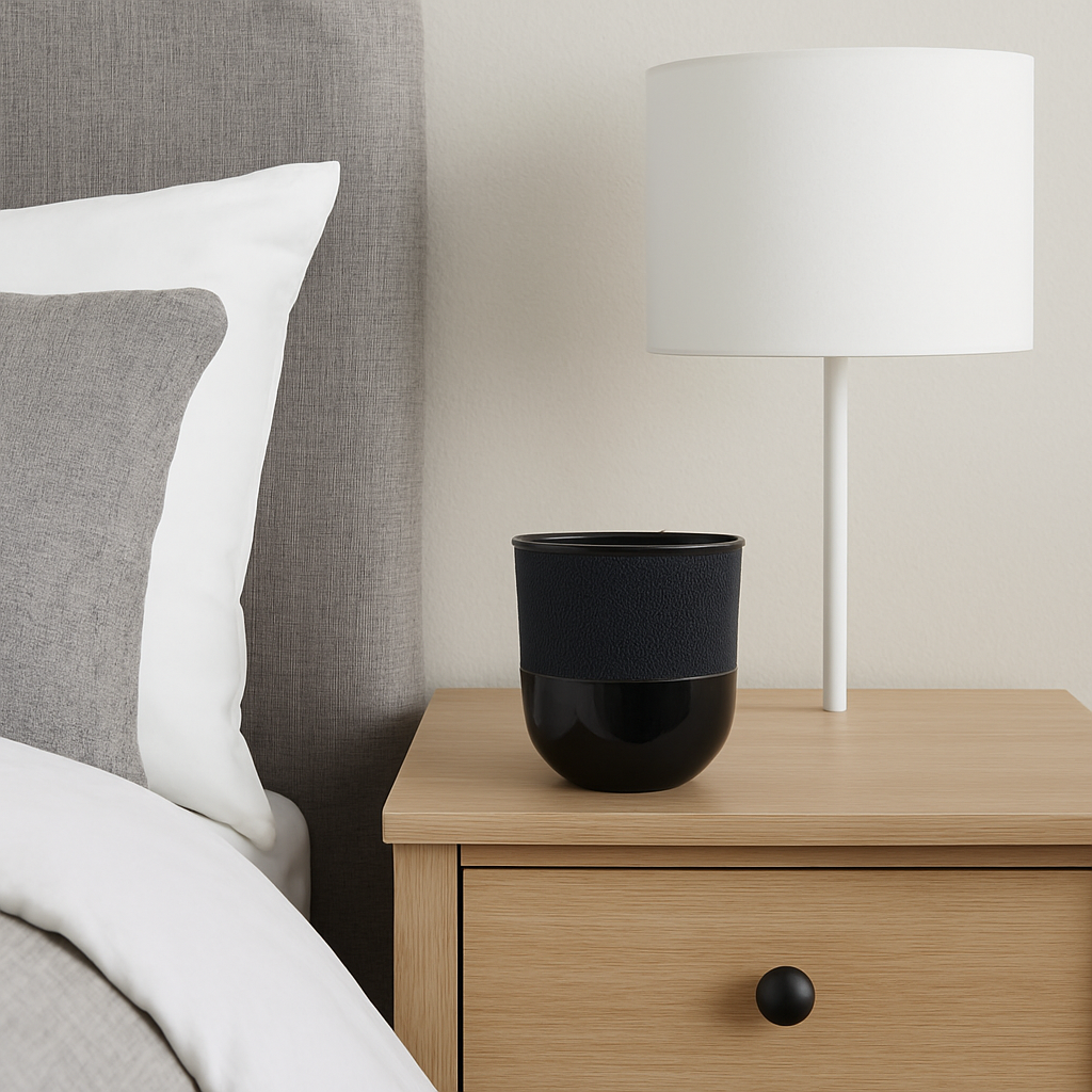 Black vase on a wooden nightstand next to a bed with gray and white bedding.