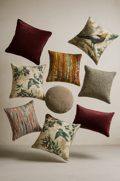 Assorted decorative cushions with various patterns and colors on a neutral background