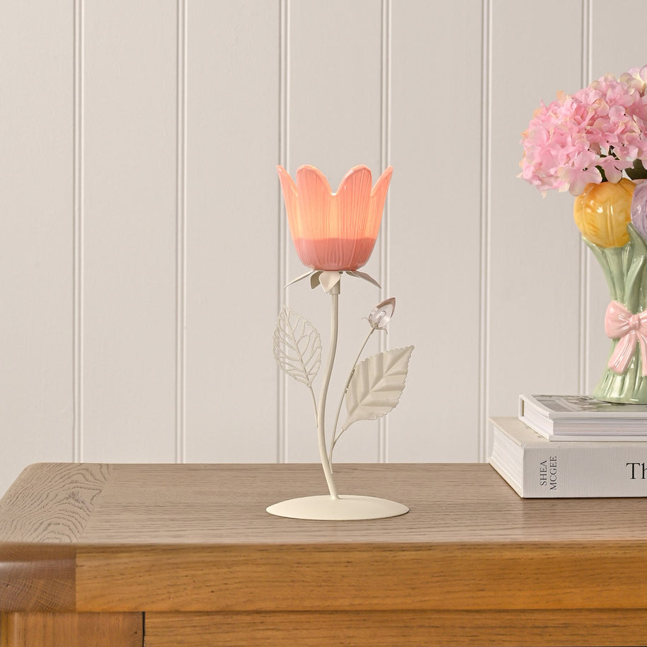 Hestia Pink & Cream Floral Single Candle Holder