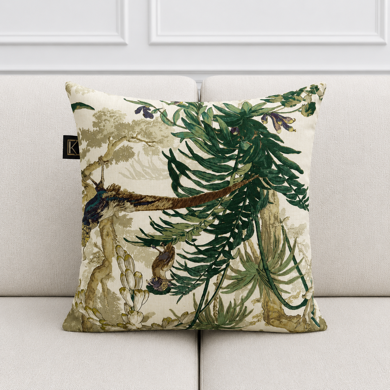 Decorative pillow with nature-themed design on a neutral background