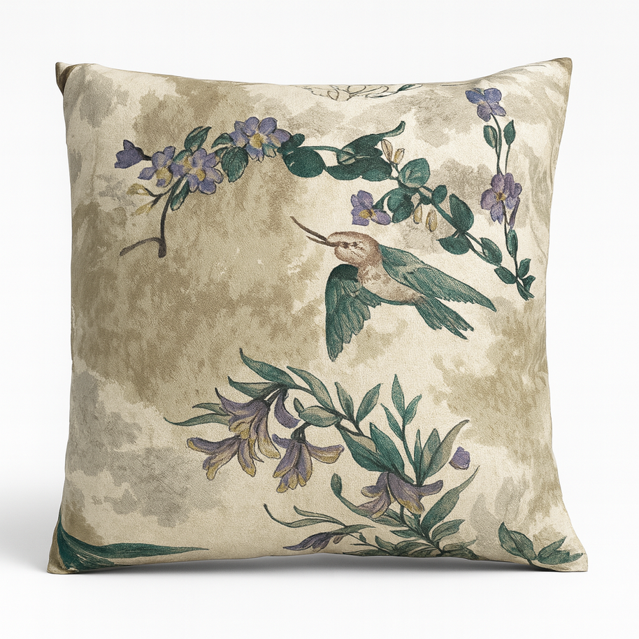 Decorative pillow with a hummingbird and floral design on a beige background