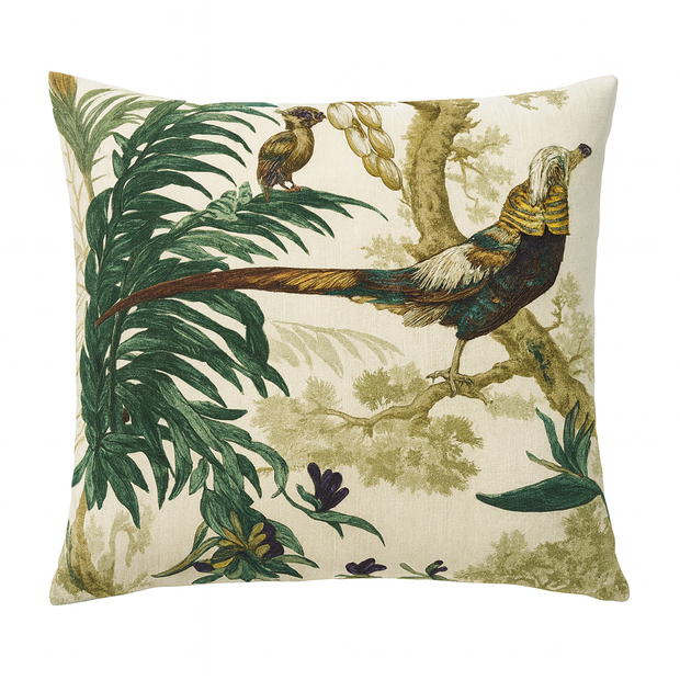 Decorative pillow with bird and leaf pattern on a white background