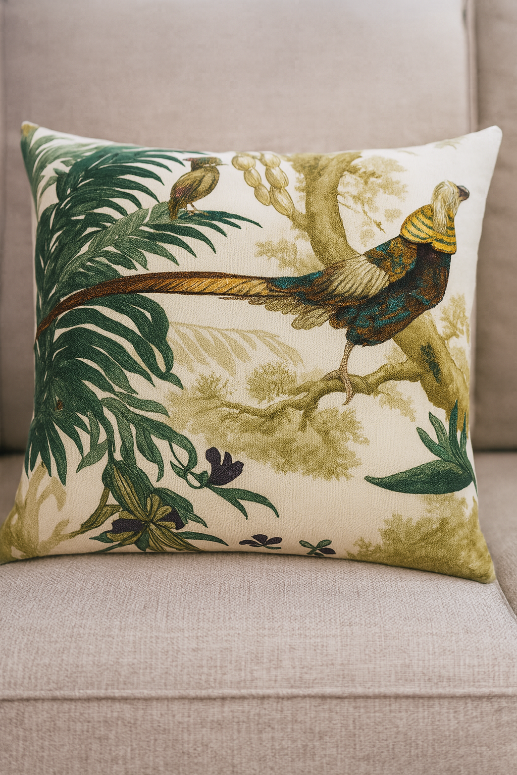Decorative pillow with bird and leaf pattern on a beige couch