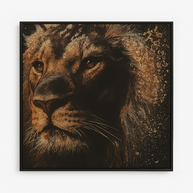 Framed artwork of a lion's face with a dark background