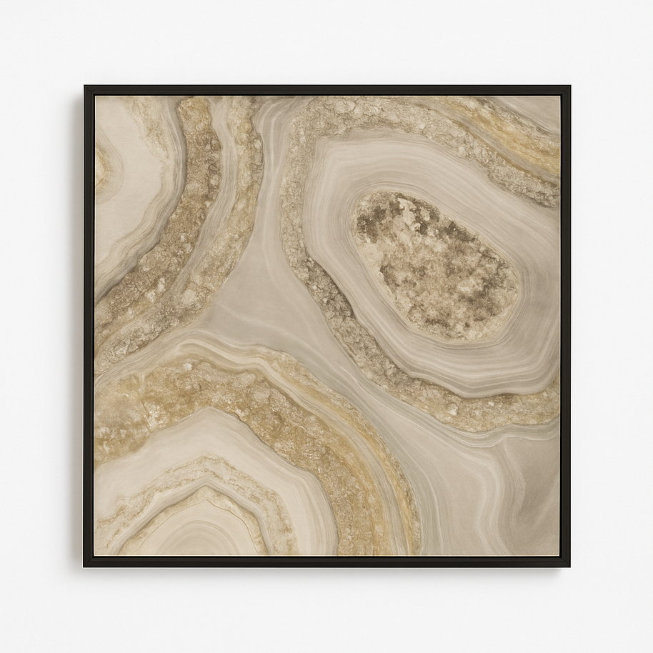 Framed artwork with a beige and brown abstract design on a white background