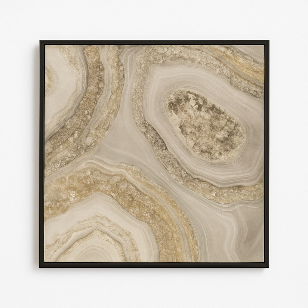 Framed artwork with a beige and brown abstract design on a white background