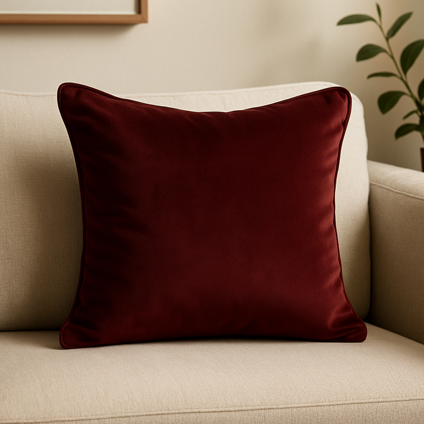 Mulberry cushion on a beige couch with a neutral background