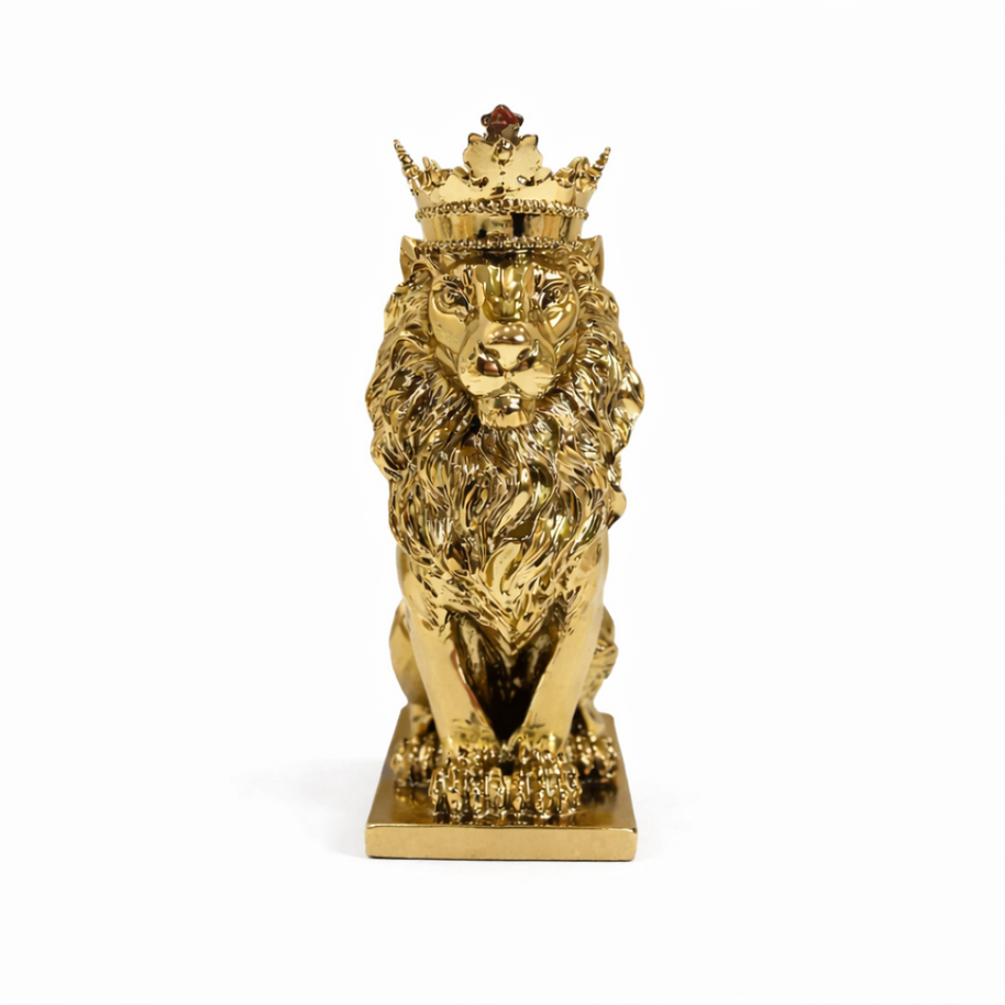 Polished gold lion ornament wearing a crown, displayed on a white background.