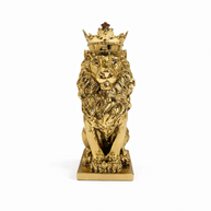 Polished gold lion ornament wearing a crown, displayed on a white background.