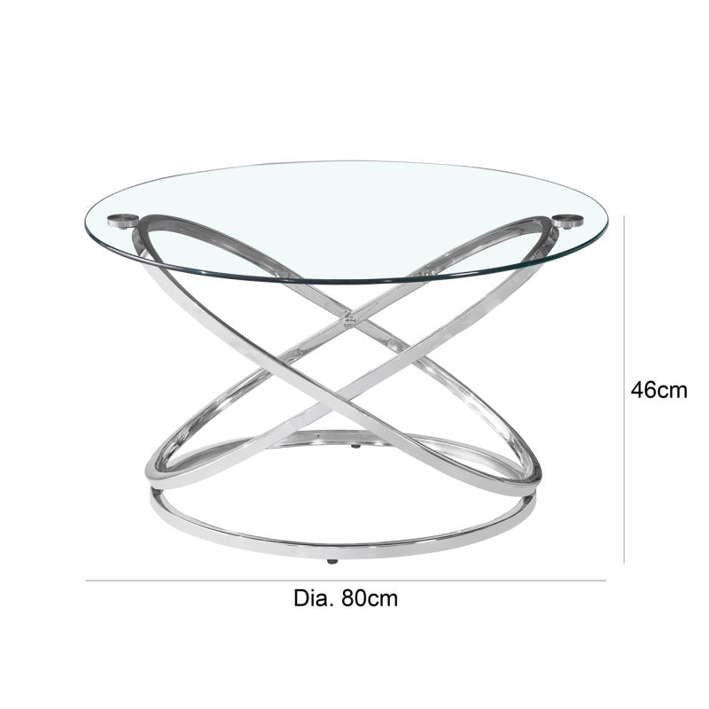 Rizzo Chrome Coffee Table With Sizing on a white background