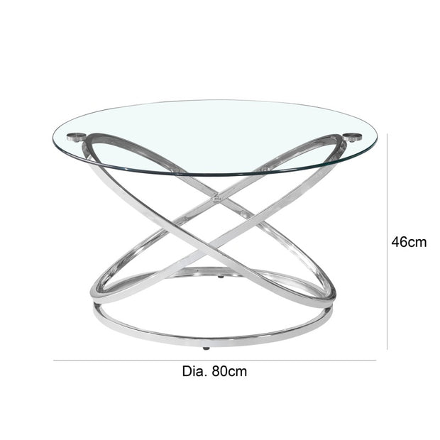 Rizzo Chrome Coffee Table With Sizing on a white background
