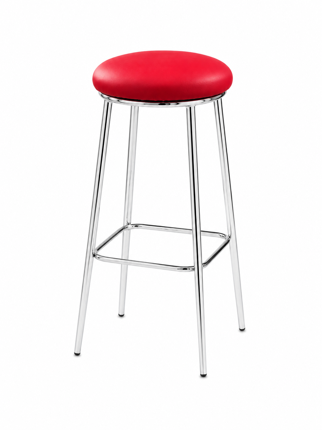 Red bar stool with chrome legs on a white background