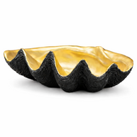 Small 40cm black clam shell bowl with a glowing gold interior on a dark wood coffee table.