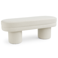 Beige upholstered bench with cylindrical legs on a white background