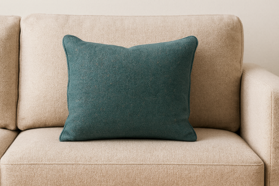 Beige sofa with a teal cushion on a neutral background