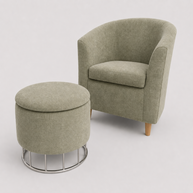 Green upholstered armchair and ottoman on a white background