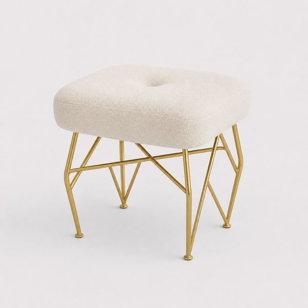 White Boucle Stool With Gold Legs