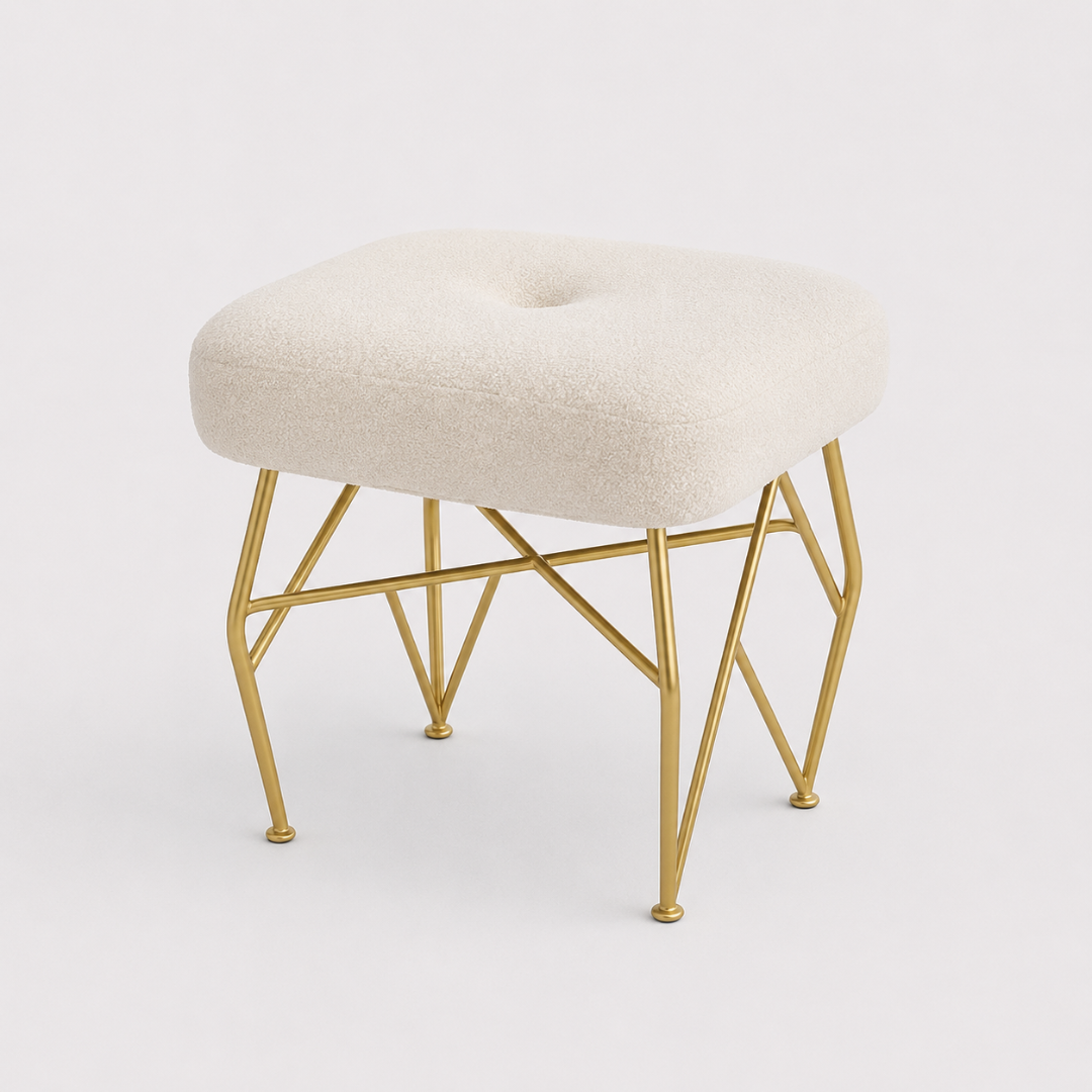 White Boucle Stool With Gold Legs