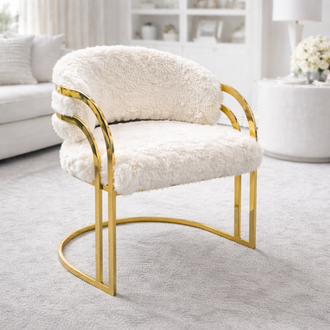 Chair with white fur cushion and gold frame in a room setting