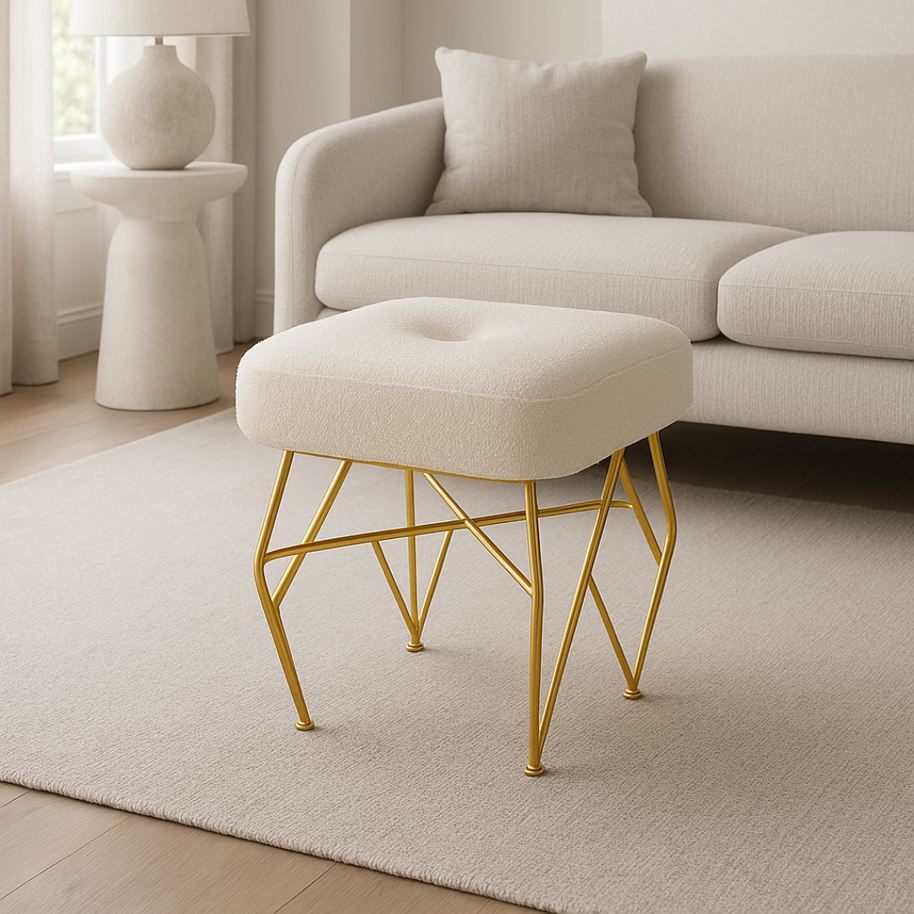 White Boucle Stool With Gold Legs