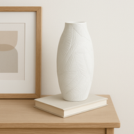 White Leaves Polyresin Vase On Bed Side Table