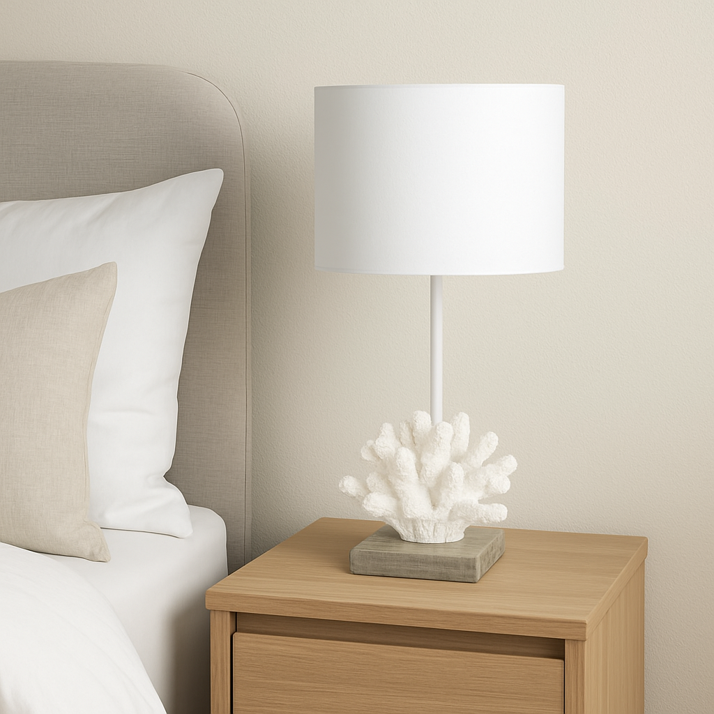 White Shell Table Lamp on a bedside table