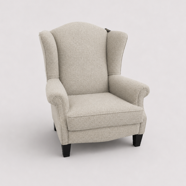 Beige wingback chair on a light gray background