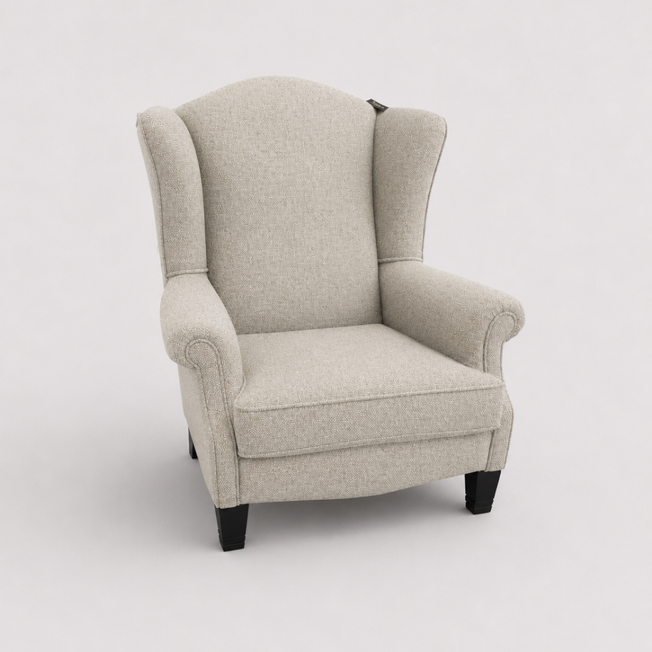 Beige wingback chair on a light gray background