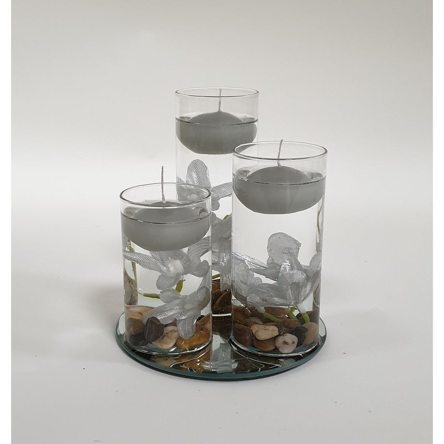 Set 3 Floating Candles Round Vase Grey Flower