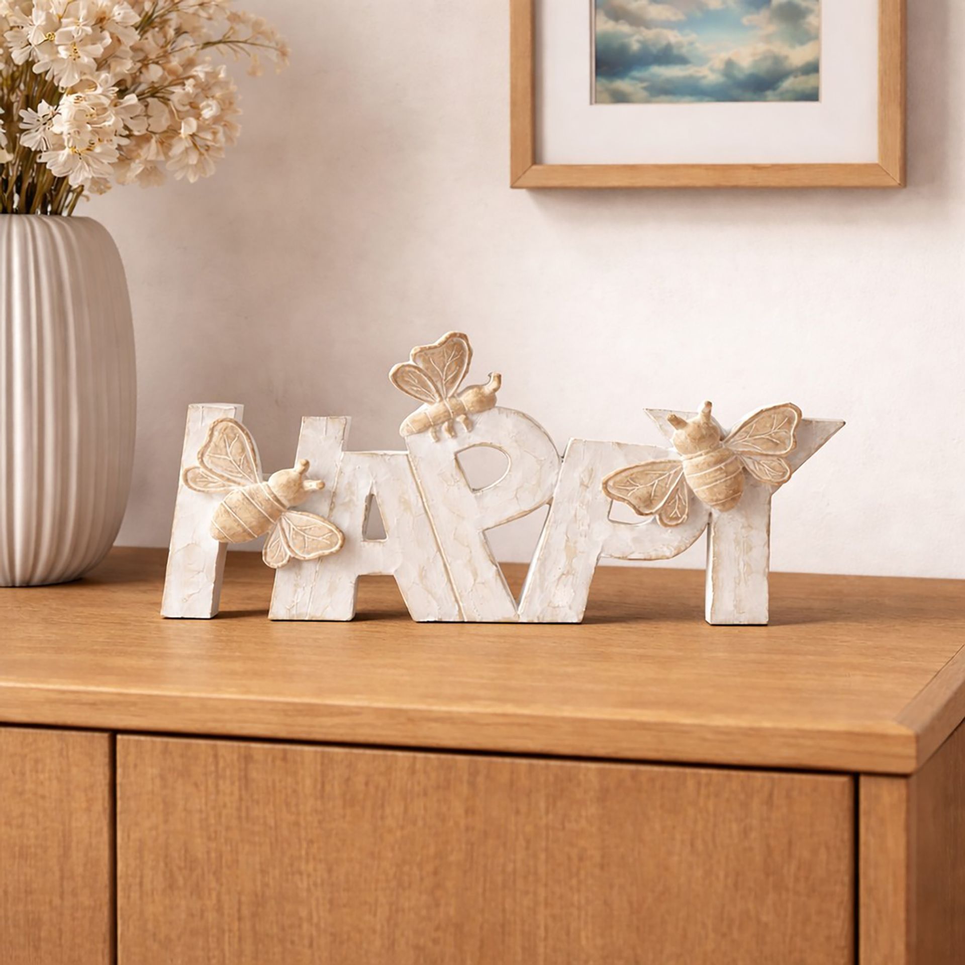 Hestia Wood Effect Resin Bee Ornament - Happy