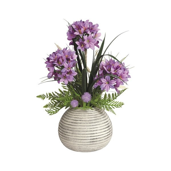 Purple Flower Arrangement in Textured Pot