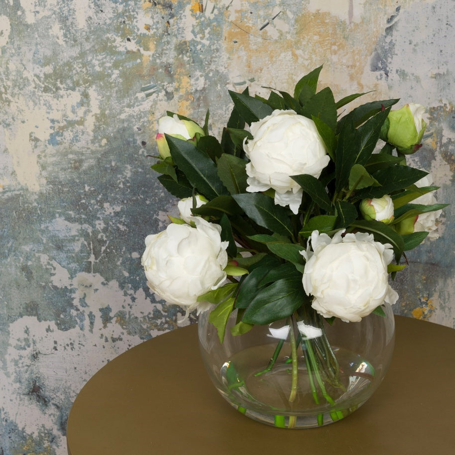 Faux White Peonies in Globe