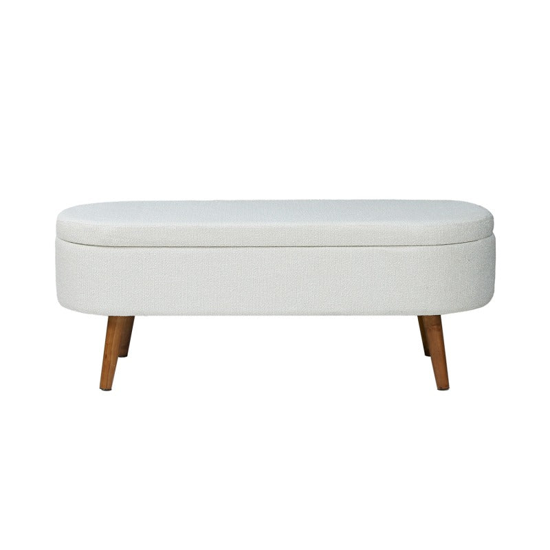 White Boucle Storage Bench in Wooden Legs