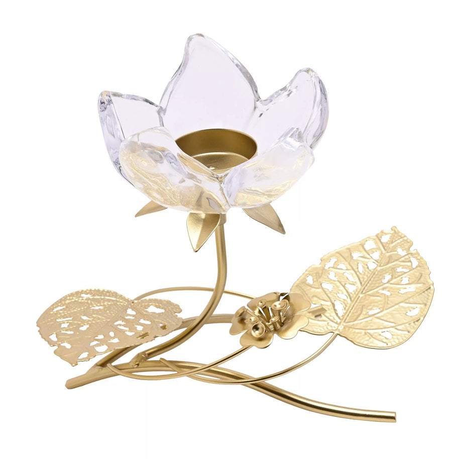Hestia Single Stem Clear Glass Candle Holder With Gold Leaves