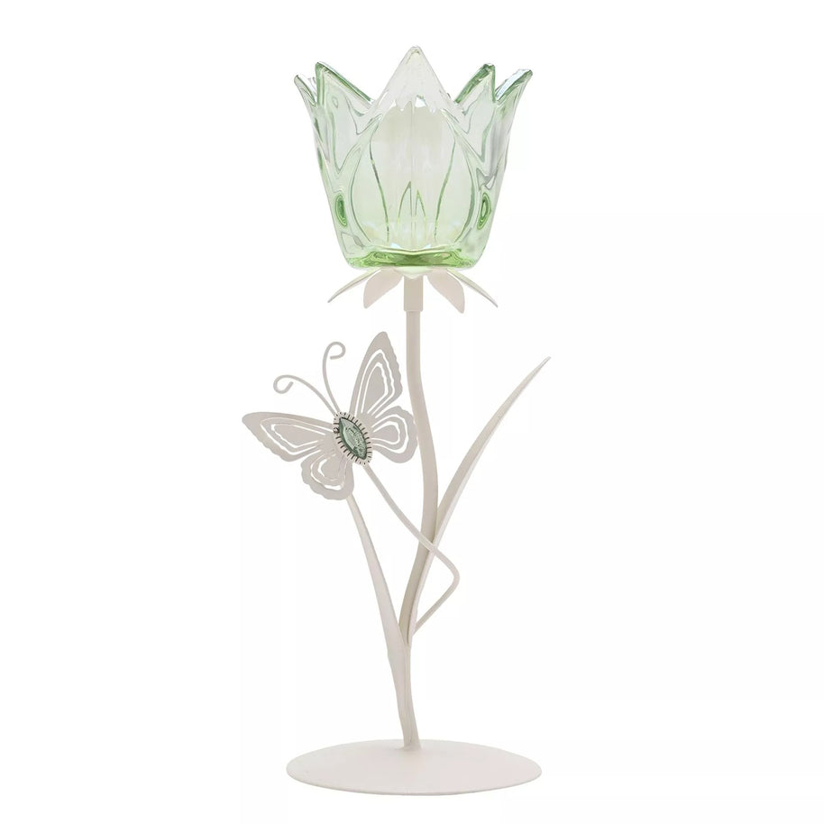 Hestia Single Stem Candle Holder With Green Glass And Butterflies On Matte Off White Base