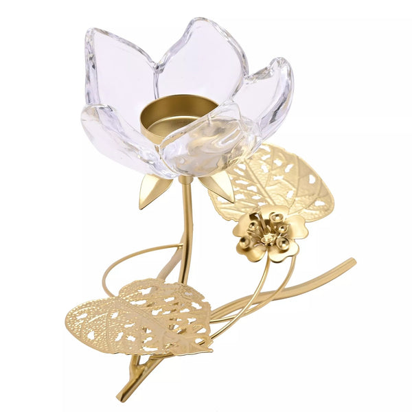 Hestia Single Stem Clear Glass Candle Holder With Gold Leaves