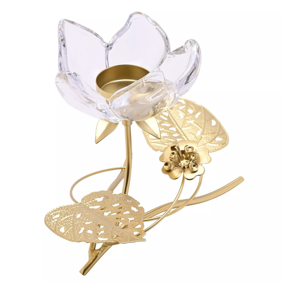 Hestia Single Stem Clear Glass Candle Holder With Gold Leaves