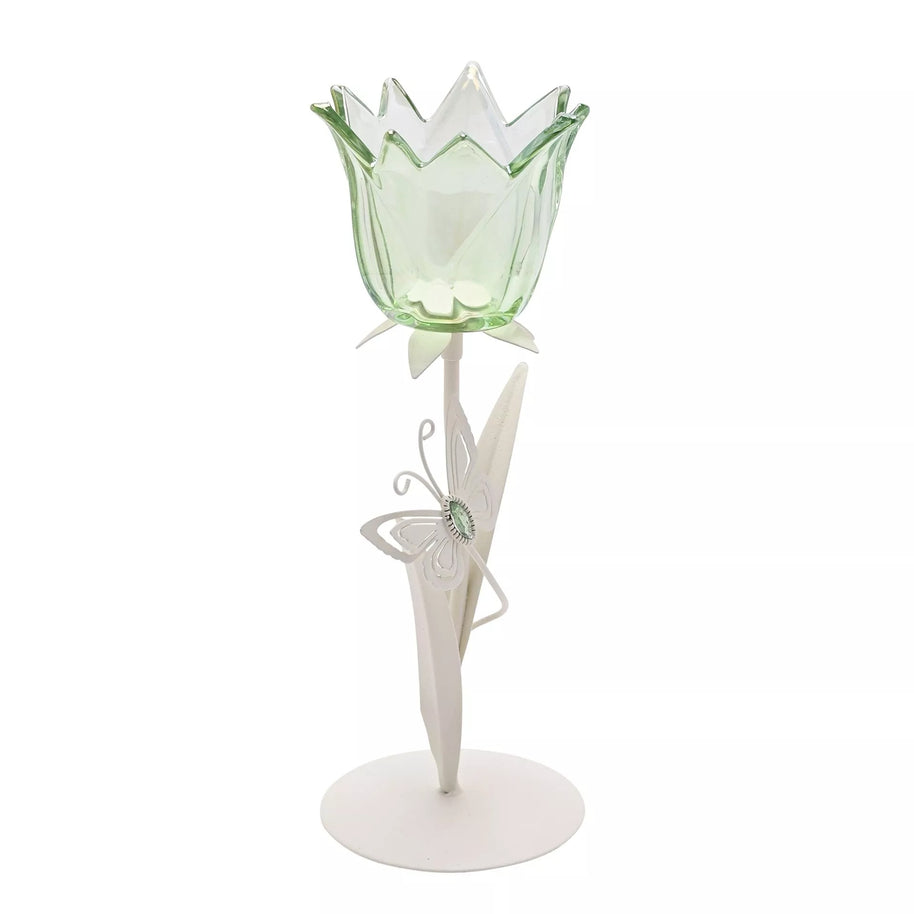 Hestia Single Stem Candle Holder With Green Glass And Butterflies On Matte Off White Base