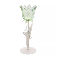 Hestia Single Stem Candle Holder With Green Glass And Butterflies On Matte Off White Base