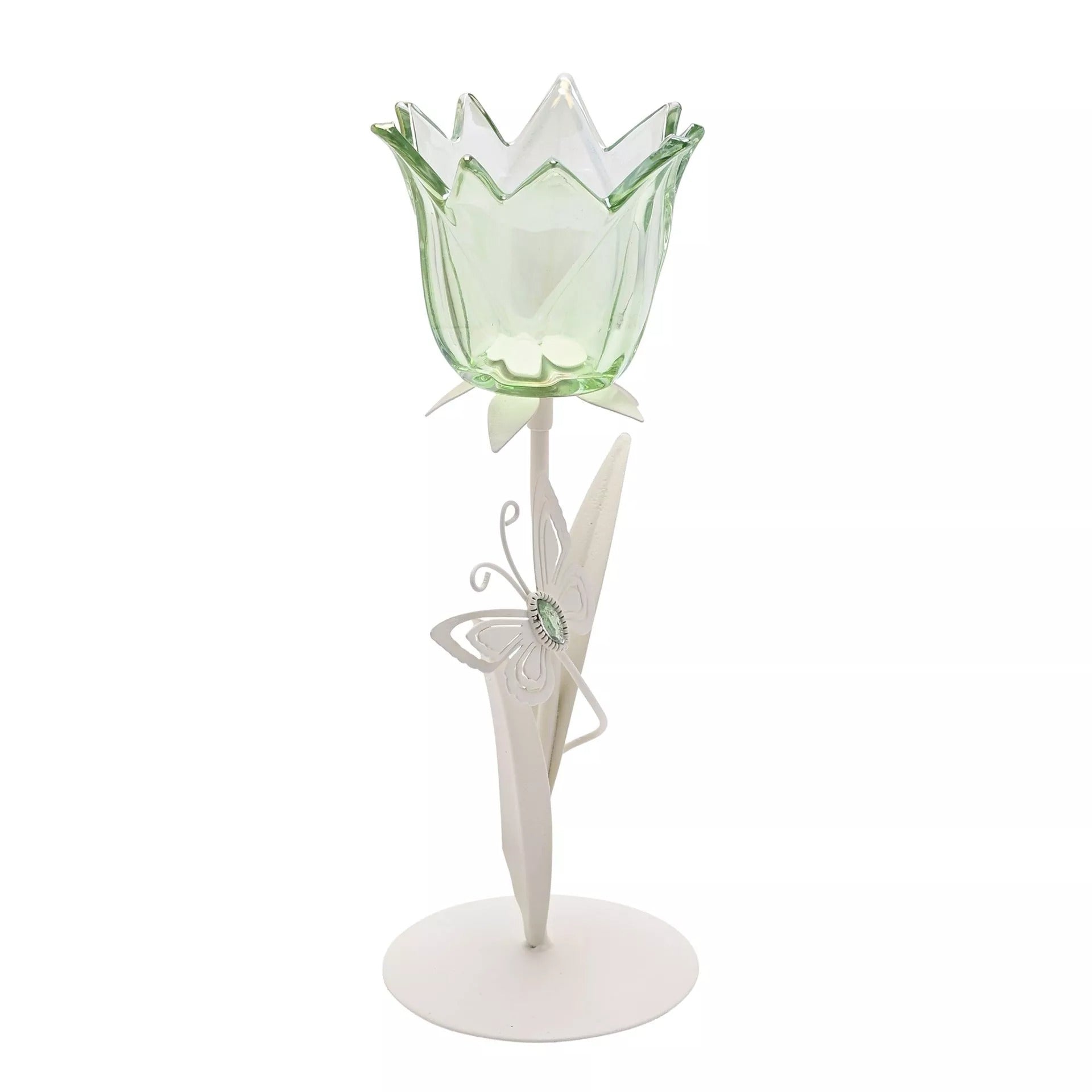 Hestia Single Stem Candle Holder With Green Glass And Butterflies On Matte Off White Base