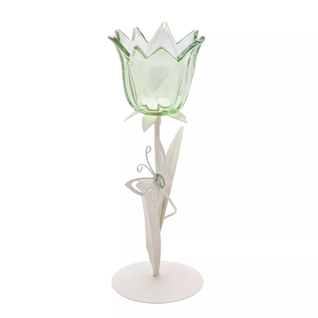 Hestia Single Stem Candle Holder With Green Glass And Butterflies On Matte Off White Base