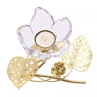 Hestia Single Stem Clear Glass Candle Holder With Gold Leaves