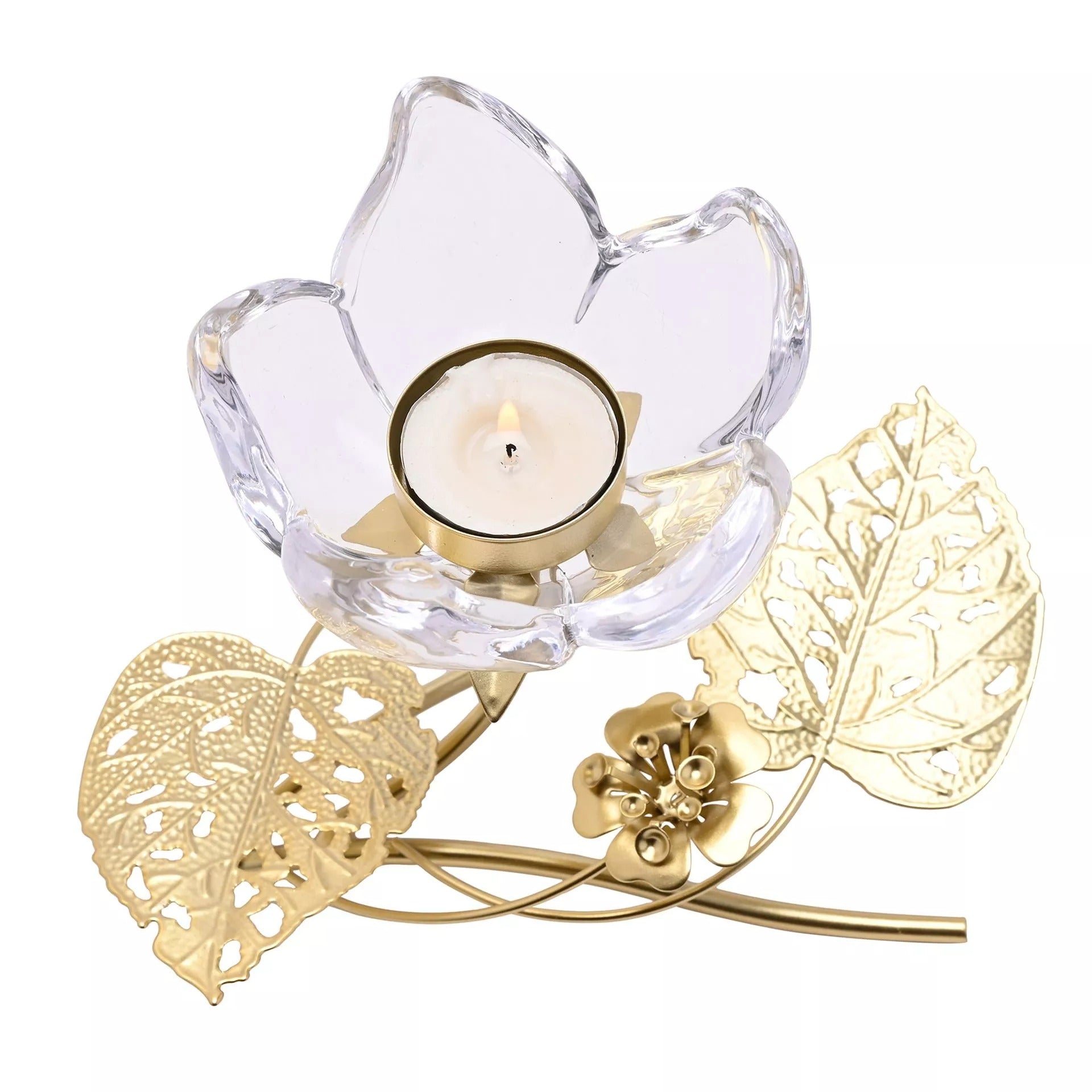 Hestia Single Stem Clear Glass Candle Holder With Gold Leaves