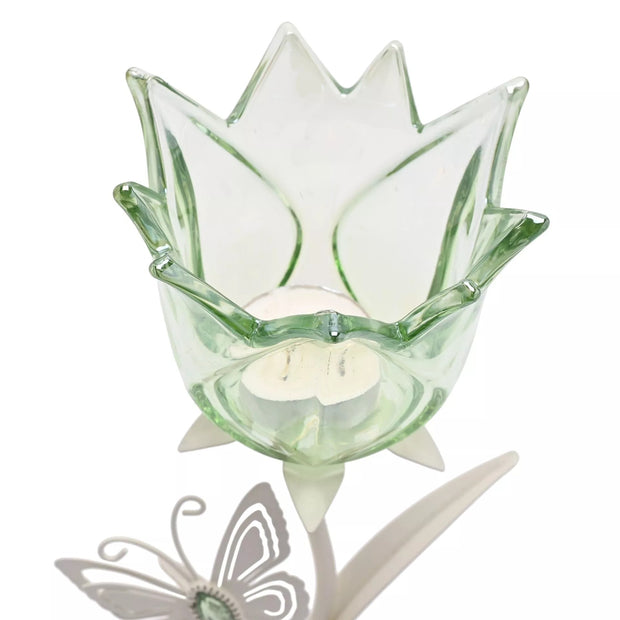 Hestia Single Stem Candle Holder With Green Glass And Butterflies On Matte Off White Base